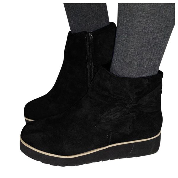 

boots winter warm snow womens fashion bowknot wedge heel side zipper casual short ladies waterproof, Black