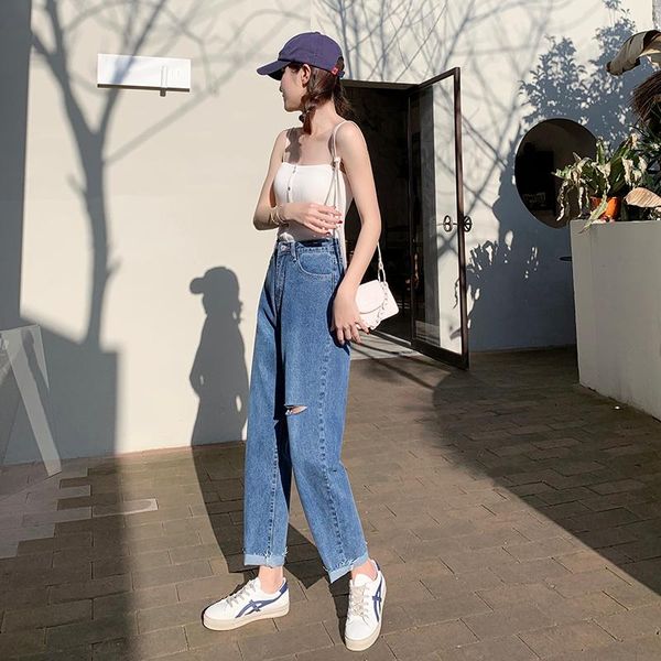 

women's jeans 2021 harlan high-waisted casual straight-leg slimming women with contrast pockets and personality holes, Blue
