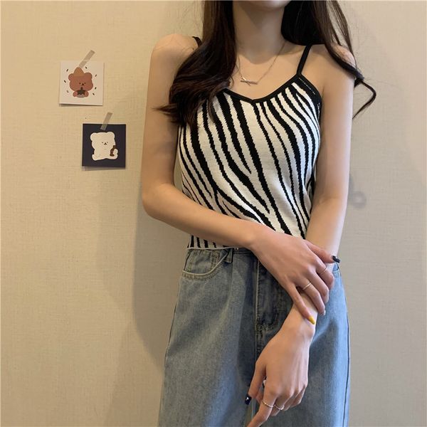 

knitted zebra small suspender vest for women, Black;white