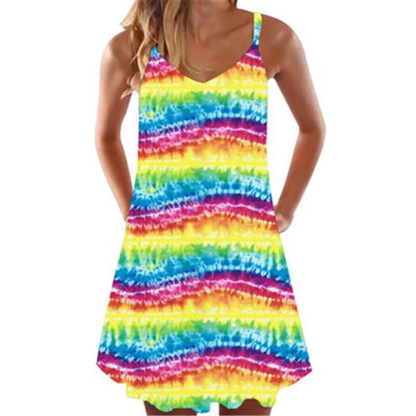 

tie-dye 3d digital womens dresses fashion trend v neck suspenders printed sleeveless short skirts designer females summer casual loose dress, Black;gray