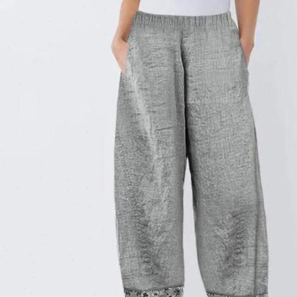 

vintage printed harem trousers women pant casual elastic waist cotton linen wide leg loose pantalon plus size w3, Black;white