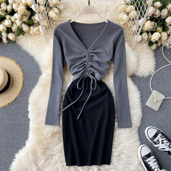 

casual dresses knit dress for women patchwork bodycon vestidos 2021 autumn winter clothes lace-up folded v neck long sleeve pencil, Black;gray
