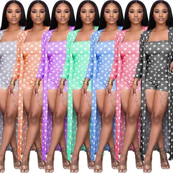 

fashion women polka dots printed two piece casual lady's full sleeve ankle-length cloak coat sets autumn arrivals, White