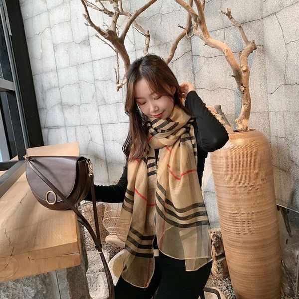 

berets plaid silk scarf women autumn and winter all-match mulberry shawl wool long dual-use gauze, Blue;gray