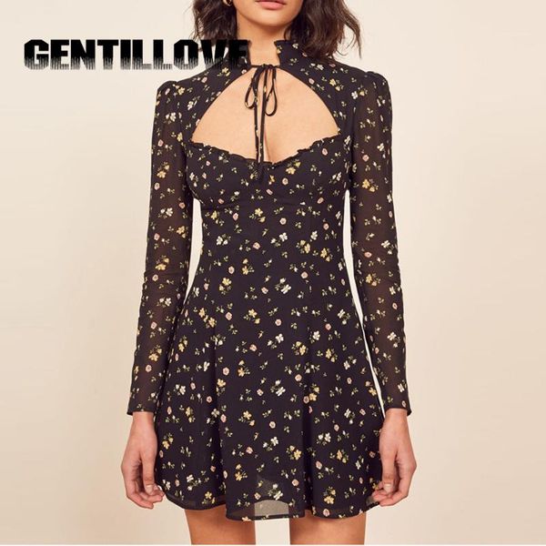 

casual dresses autumn spring vintage chiffon floral bohemia shirt dress irregular collar elegant women sashes mini sexy, Black;gray