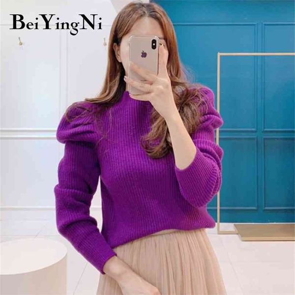 

autumn winter fashion women knit sweater wool puff sleeve comfortable korean sweaters female pullover solid color 210506, Black