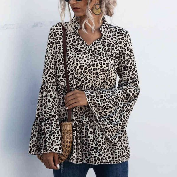 

women shirts summer ladies elegant retro leopard print v-neck lace sleeve loose shirt womens blouses clothing 210514, White