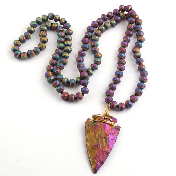 

fashion frosted crystal knotted 5x8 glass and natural stone arrowhead pendant necklaces women lariat, Silver