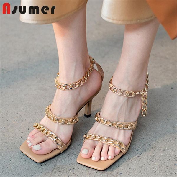 

asumer 2021 arrive women sandals genuine leather footwear metal chain cool high heels summer party shoes lady dress, Black