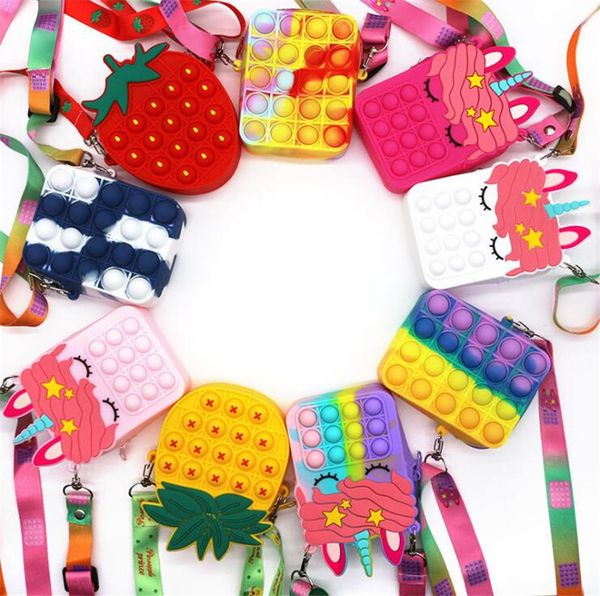 

fidget pops sensory bubble bretelle shoulder bag finger push phone pouch case coin purse decompression unicorn toys for girls kids christmas