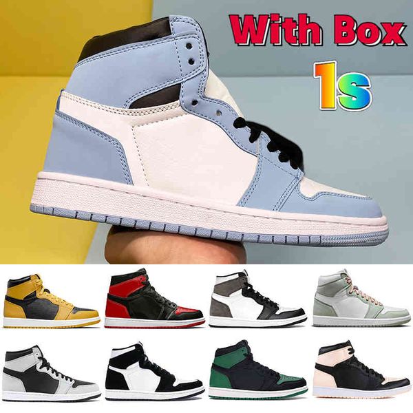 

2023 ith box 1 1s mens basketball shoes university blue seafoam pollen patent bred dark mocha 3 hyper royal toe unc men women sneakers, Black
