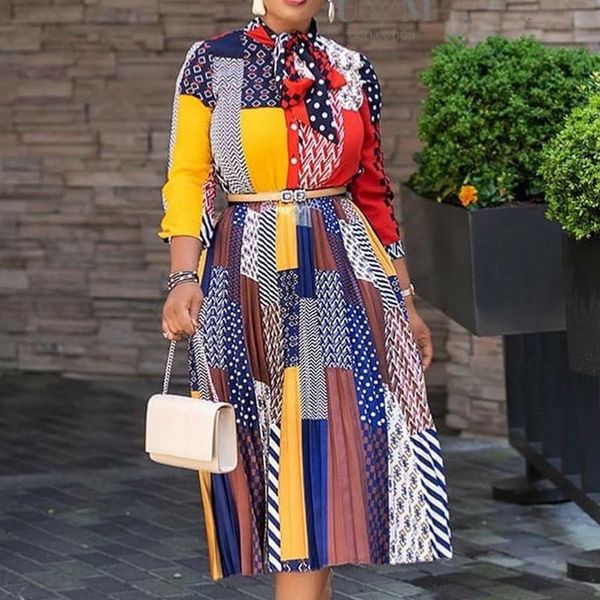 

two piece dress women midi printed pleated three quater sleeves with bowtie collar african fashion female vestidos vintage elegant, White