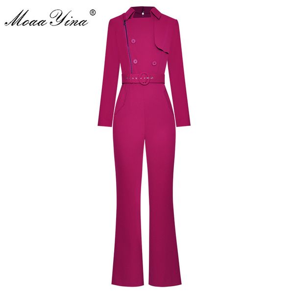 Frühling Sommer Designer Jumpsuits Damen Langarm Reißverschluss Zweireiher Schnürtasche Bell-Bottoms 210524