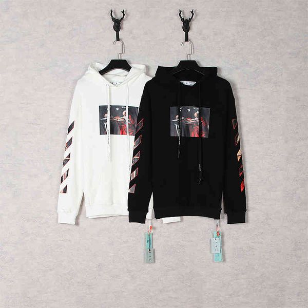 

off quality tide high brand style new caravaggio religious series oil painting hooded jacket, Black