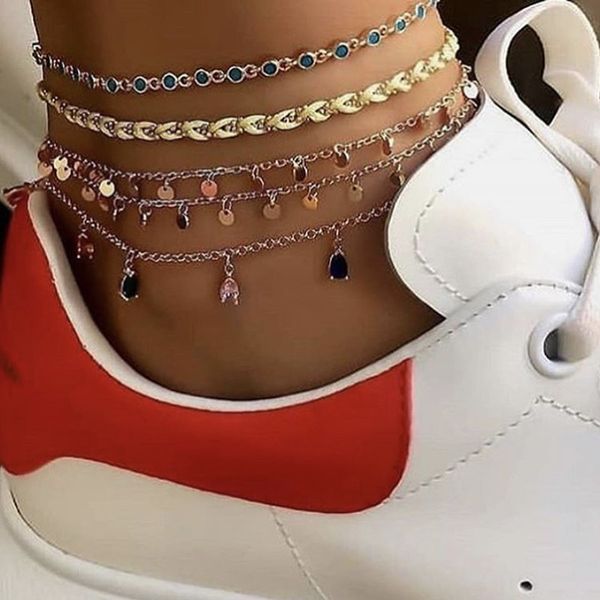 

boho colorful crystal pendant anklet set for women knitting rope charms multilayer bracelet foot chains anklets, Red;blue