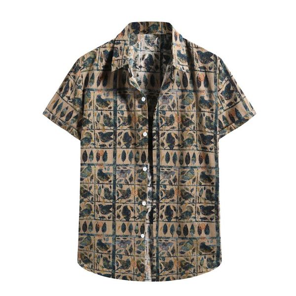 

men's casual shirts 2021 arrival men hawaiian bird&tree print shirt short sleeve turn-down collar button #01, White;black