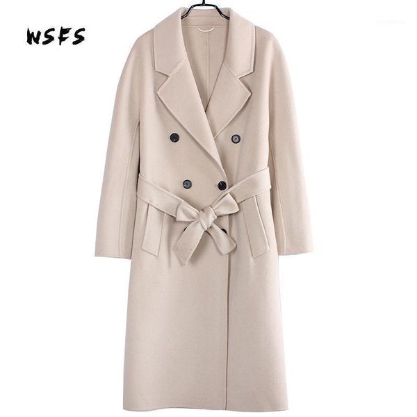 

winter coat brown gray beige long sleeve 100% sheep wool womens coats 2021 turndown office lady elegant trench woolen overcoats women's, Black