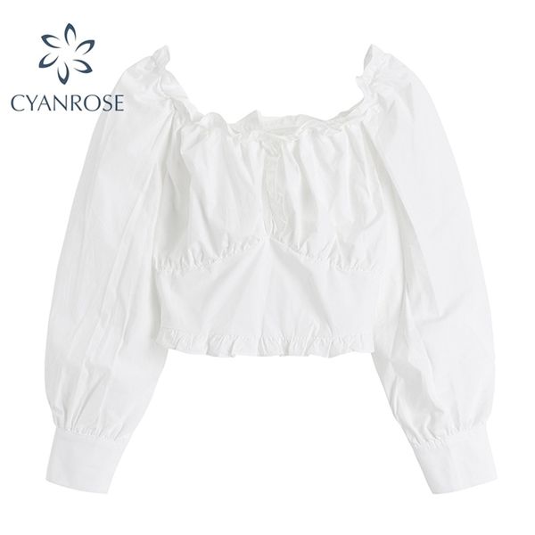 Verão quadrado colarinho branco blusas tops para senhoras elegante colheita chiffon mulheres camisas sólidas slim rok estilo doce blusas 210515