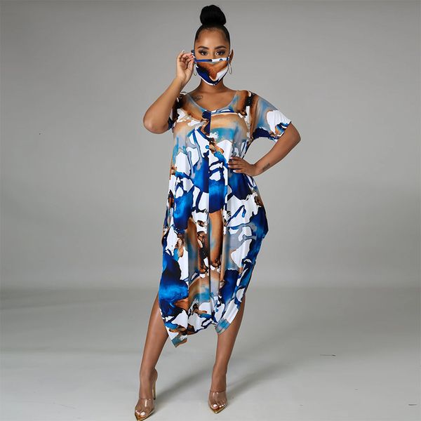 

jumpsuits,rompers beautiful trend big size large women's milk silk v-neck short sleeve casual printed dress + mask