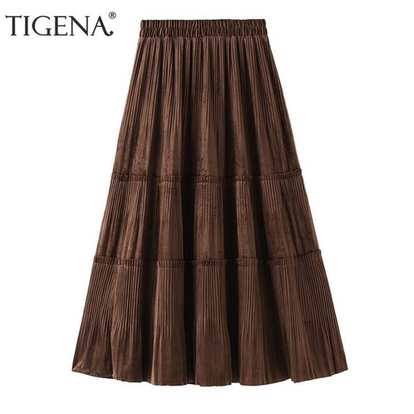

tigena autumn winter velvet long skirt women korean casual a line high waist pleated mid-length brown female ladies 211124, Black