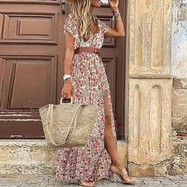 

ethnic clothing elegant boho long dress women's bohemian style floral printed short sleeve v-neck ladies temparement party, Red