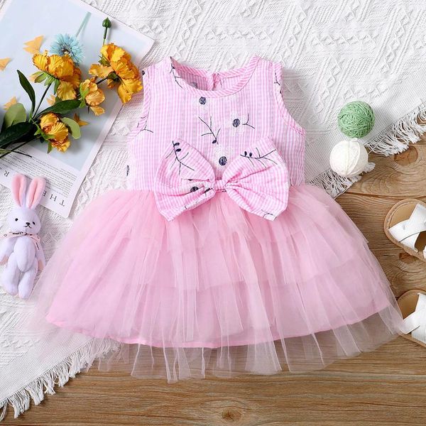 

girl's dresses toddler baby girl clothes summer sleeveless floral printed bowknot tulle dress princess children's clothing, Red;yellow