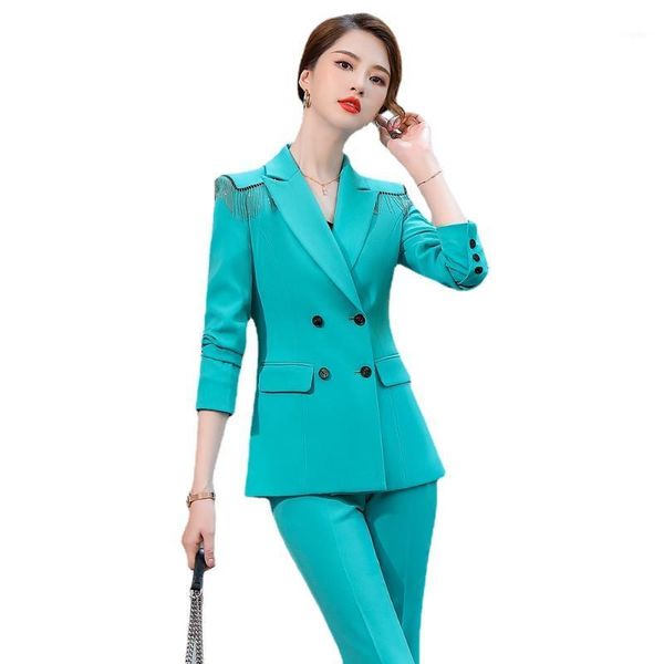 

women's two piece pants 2021 arrival women double breasted formal ladies pant suit blue white black fashion s-5xl 2 set with beaded tas