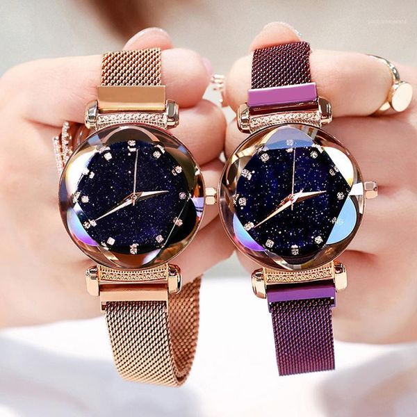 

luxury women watches fashion elegant magnet buckle rose gold ladies wristwatch starry sky diamond gift quartz clock wristwatches, Slivery;brown