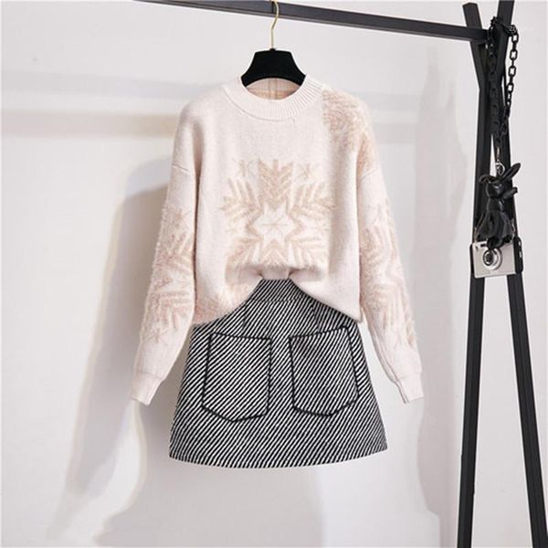 

two piece dress 2021 snowflake long-sleeve sweater plaids skirt suits 2 set women autumn elegant knit pullover outfit sets, White