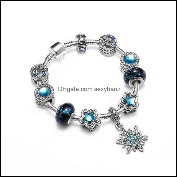 Charm Armbänder Schmuck Armband Feng Pan Blaue Schneeflocke Glasperlen Perlen Mode Stern Blume Anhänger Drop Lieferung 2021 FQXEM