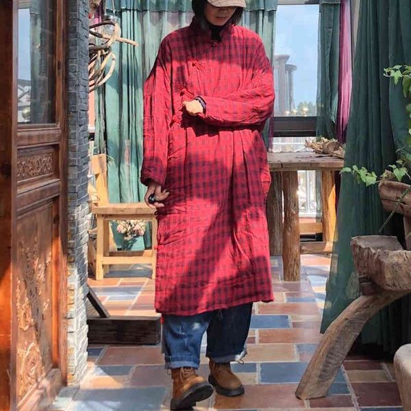 

johnature women warm cotton red plaid parkas o-neck long sleeve robes winter loose retro women vintage parkas 210521, Black