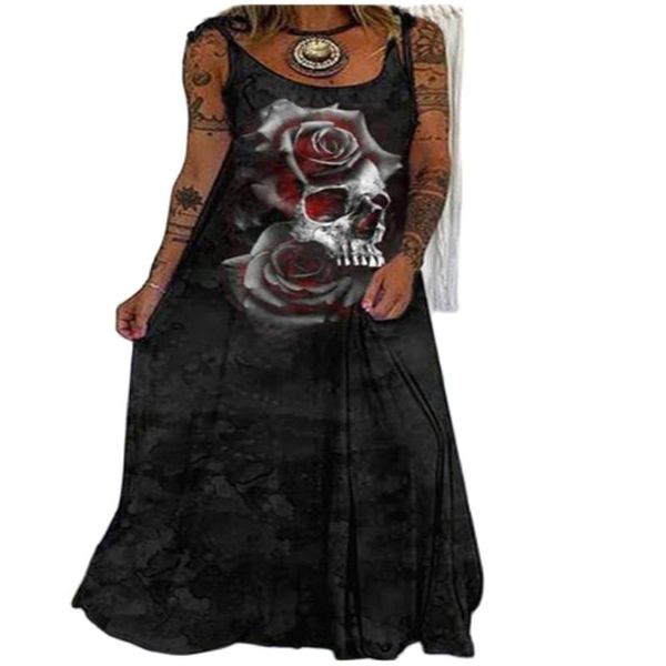 

casual dresses summer 2022 fashion europe-usa punk style women retro skullen head printed sleeveless loose big pendulum condole belt dress 4, Black;gray