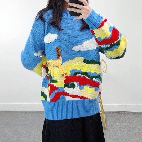 

women's sweaters 2021 autumn winter thick warm sweater women color block jacquard knit with sika deer appliques cute oversized, White;black