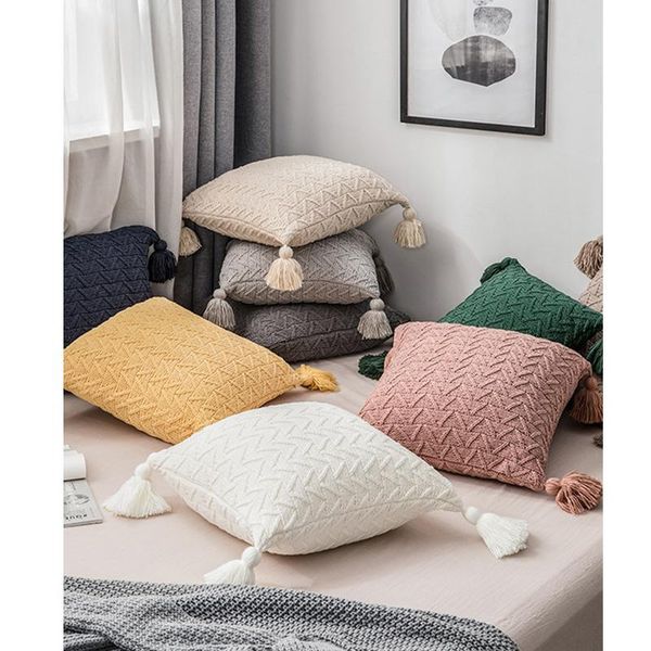 

cushion/decorative pillow 45x45 knitted cushion cover pink beige stripes case with tassels home decor soft bed living room decorative covers