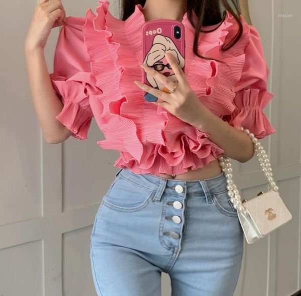 

women's blouses & shirts sweet blouse korean casual solid color v-neck pleasted blusas female fashion tide 2021 summer, White