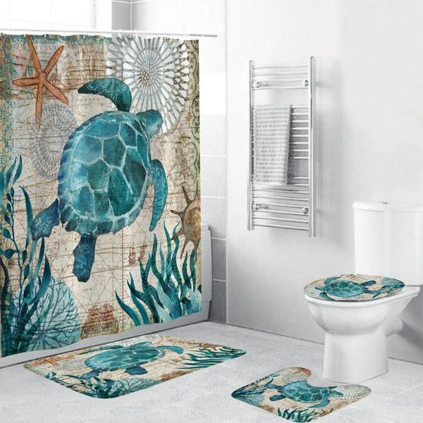 

4pcs sea style non slip toilet polyester cover curtains bathroom curtain frabic waterproof hooks #t3 bath accessory set