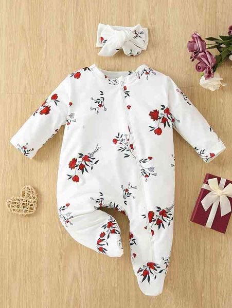 

baby floral print footed sleepsuit with headband she, Blue