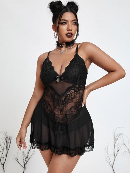 

plus floral lace mesh slips with thong f1o5#, Black;white