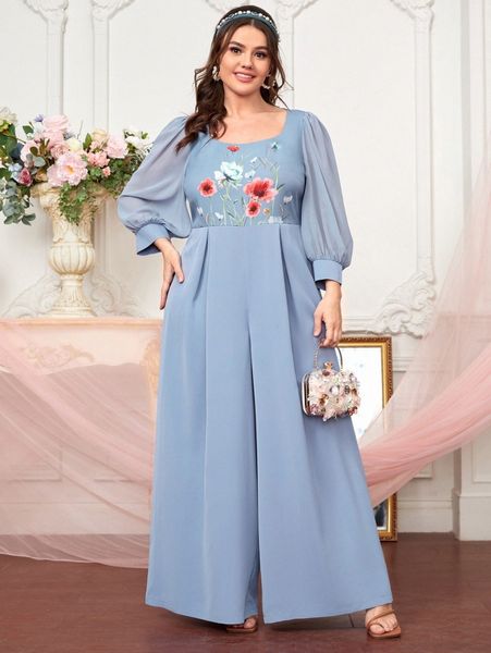 

plus floral print lantern sleeve zip back jumpsuit x7dn#, Black