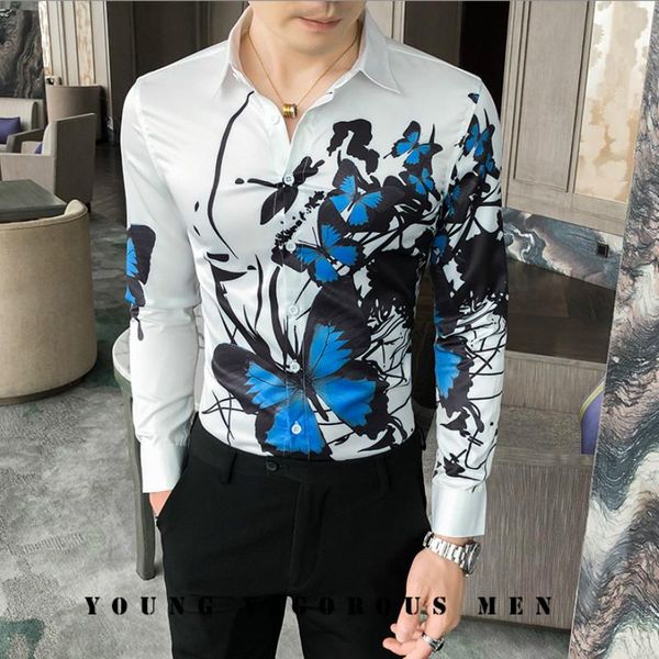 

mens shirts butterfly print men fashion long sleeve slim fit camisas hombre casual floral dress streetwear nightclub blouse, White;black