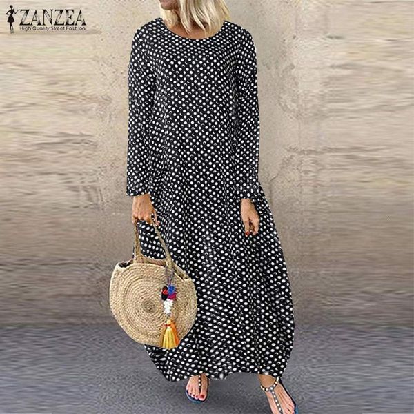 

dresses women vintage dress 2021 autumn polka dots maxi vestidos casual long sleeve o-neck sundress ladies loose robe oversized, Black;gray