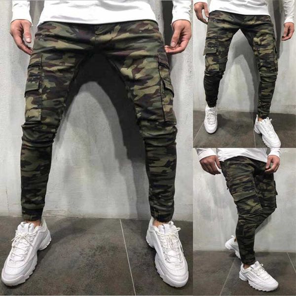 Calça Jeans Estilo Camuflagem Militar Masculina Skinny Hip Hop Calça Jeans Lápis de Cor Sólida Masculina Corredora Magra Calça Cargo com Vários Bolsos X0621