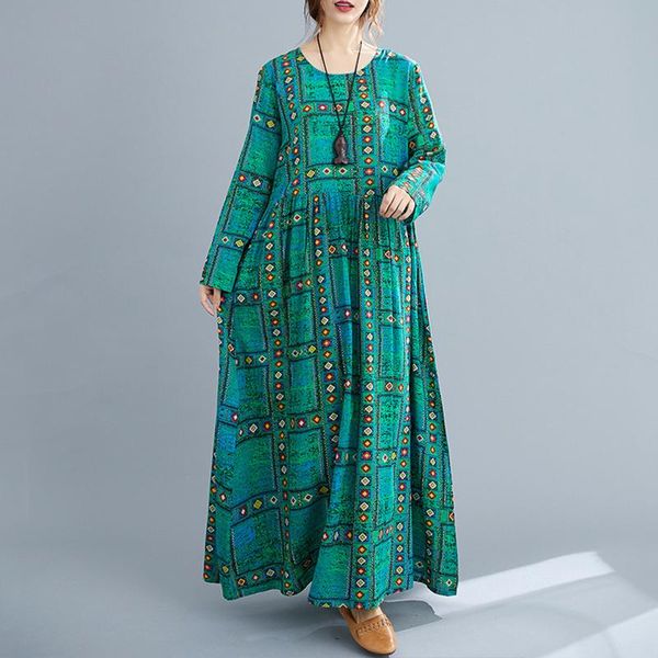 

boho floral printed maxi dress women loose casual vintage cotton linen vestidos plus size o neck long sleeve femme robe kaftan dresses, Black;gray