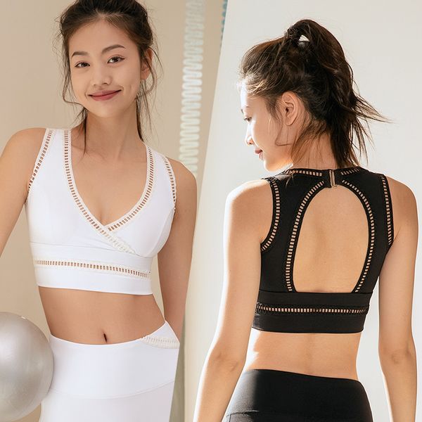 

elastic nude sports bra hollow lace deep v back yoga underwear, Black;white
