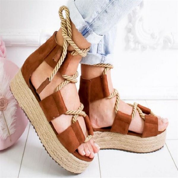 

sandals summer large size platform hemp rope foot loop cross strap roman sandals flat casual women's shoes, Black
