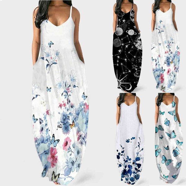 

women's clothing dresses 2021 printed sleeveless round neck sling large women's dress, Black;gray