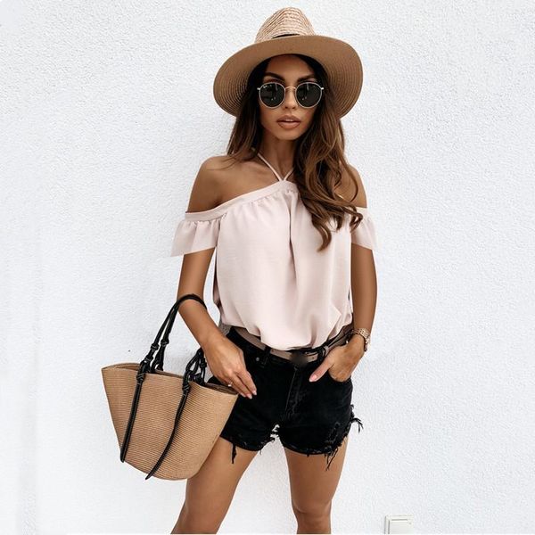 

women's t-shirt summer 2021 sling hanging neck strapless solid chiffon tee ladies off shoulder, White