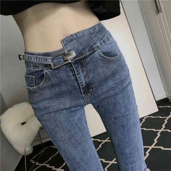 

women's jeans 2021 spring summer for women high waist woman blue stretch female washed denim skinny pencil pants fmyp