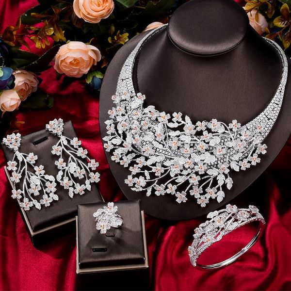 

earrings & necklace godki big luxury plum blossom african cubic zircon cz nigerian jewelry sets for women wedding beads bridal, Silver