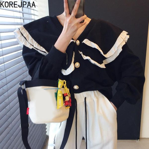 

women's jackets korejpaa women jacket 2021 autumn french chic temperament wood ears lapel pearl single-breasted loose puff sleeve sweat, Black;brown